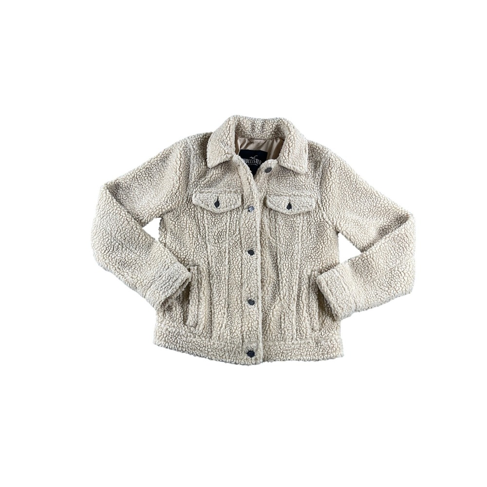 Hollister Sherpa Trucker Jacket Cream Beige Faux Shearling XS Button Front 0849